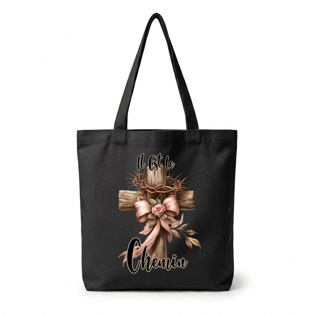 Tote Bag Noir Il Est Le Chemin — Croix — Faith Style