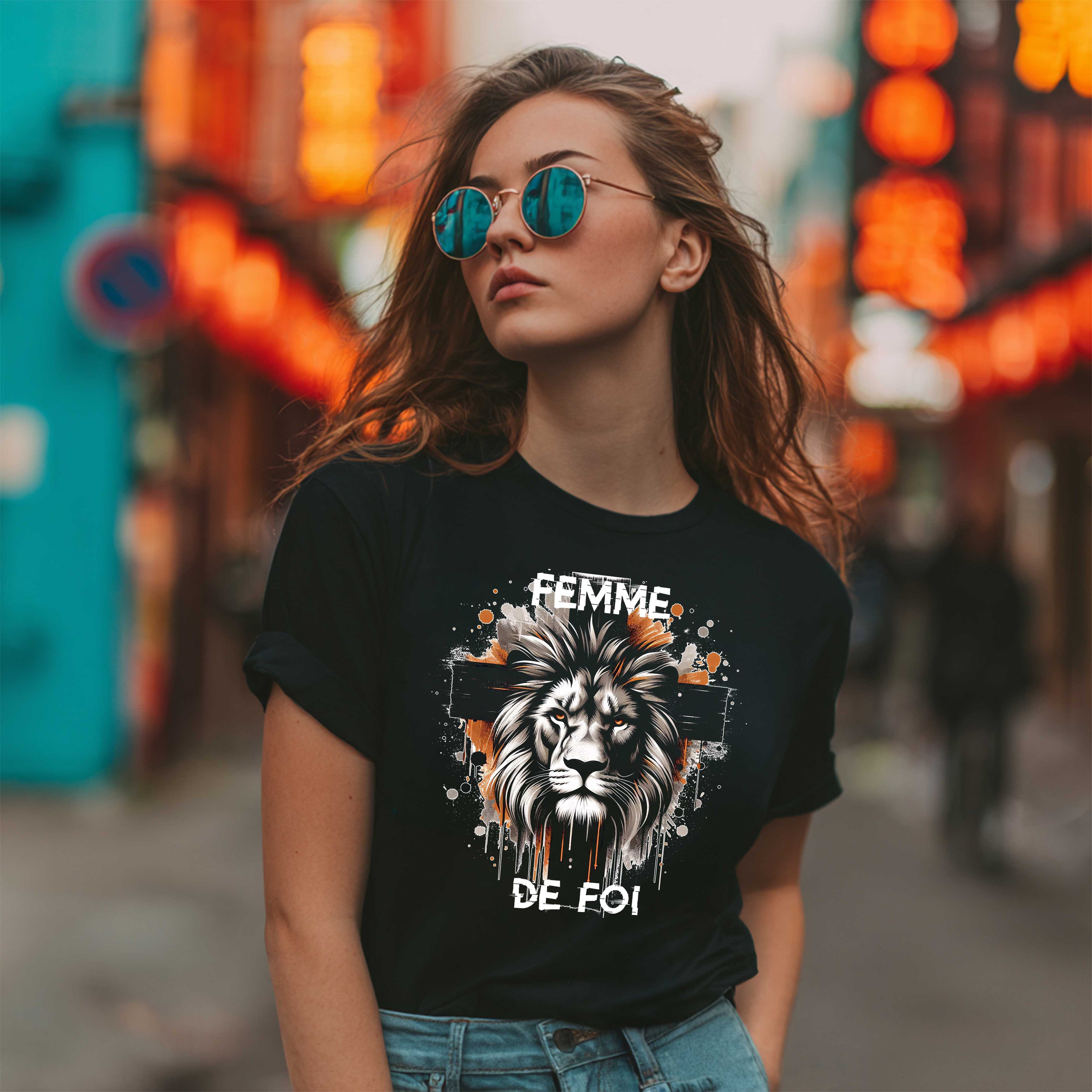 T-shirt Femme de Foi — t-shirt noir avec design lion et texte