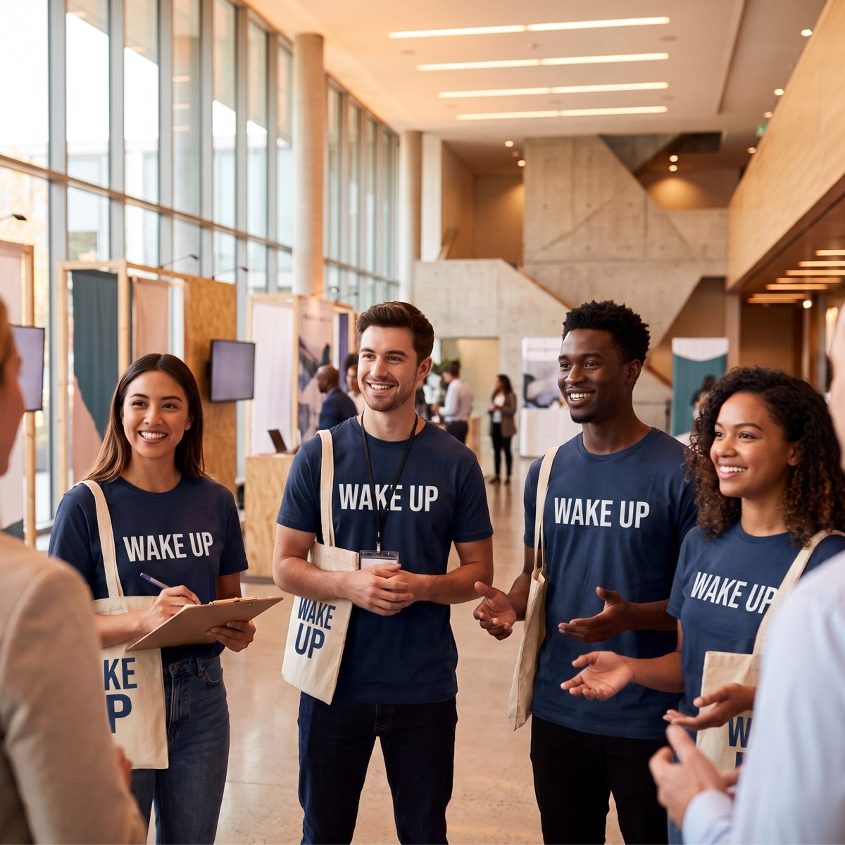 Staff d'événement en t-shirts et totes personnalisés